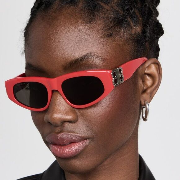 Balenciaga BB0095S 016 Sunglasses Red Silver Logo Grey Cat Eye Unisex - Picture 1 of 14